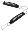 Black Neoprene Key Ring or Holder with Carabiner Clip on one end and key ring. Stap parts and hand can slip through so it can be worn on wrist.
