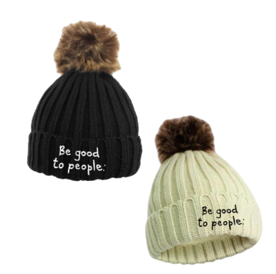 Be Good to People Signature Fleece Faux Pom Hat Knit hat with faux fur pom on top shown in black with white Signature BGTP logo embroidered on cuff and white with black BGTP Signature logo embroidered on front