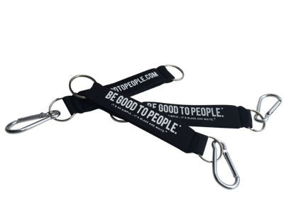 Black Neoprene Key Ring or Holder with Carabiner Clip on one end and key ring. Stap parts and hand can slip through so it can be worn on wrist.