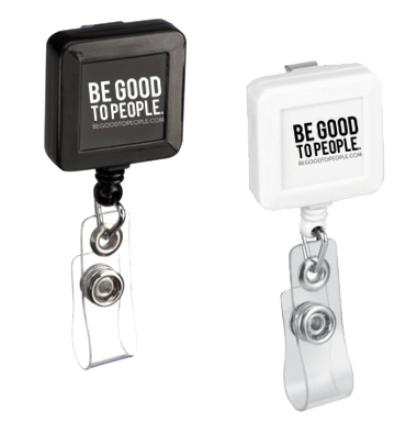 badge reel, badge holder, black badge holder, white badge holder, black badge reel, white badge reel with Be Good to People logo