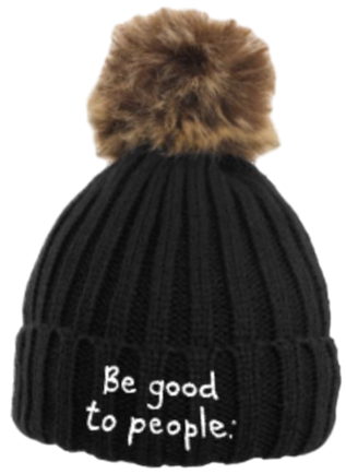 Luxurious looking knit hat with faux fur pom. Hat is black with white Be Good to People Signature logo embroidered on front. Pom is brown faux fur.