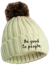 Luxurious looking knit hat with faux fur pom. Hat is white (more of a light cream color) with black Be Good to People Signature logo embroidered on front. Pom is brown faux fur.