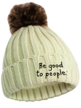 Luxurious looking knit hat with faux fur pom. Hat is white (more of a light cream color) with black Be Good to People Signature logo embroidered on front. Pom is brown faux fur.