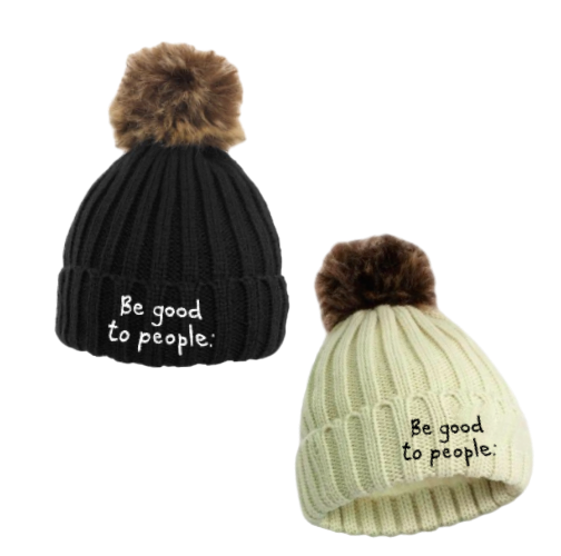 Be Good to People Signature Fleece Faux Pom Hat Knit hat with  faux fur pom on top shown in black with white Signature BGTP logo embroidered on cuff and white with black BGTP Signature logo embroidered on front