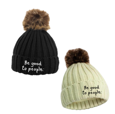 Be Good to People Signature Fleece Faux Pom Hat Knit hat with  faux fur pom on top shown in black with white Signature BGTP logo embroidered on cuff and white with black BGTP Signature logo embroidered on front